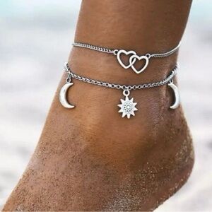 NEW Layered Silver Heart Moon Sun Star Anklet Set